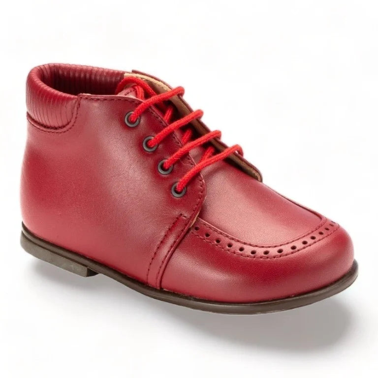 Red leather high shoe for toddlers, featuring secure lace-up style, made in Spain