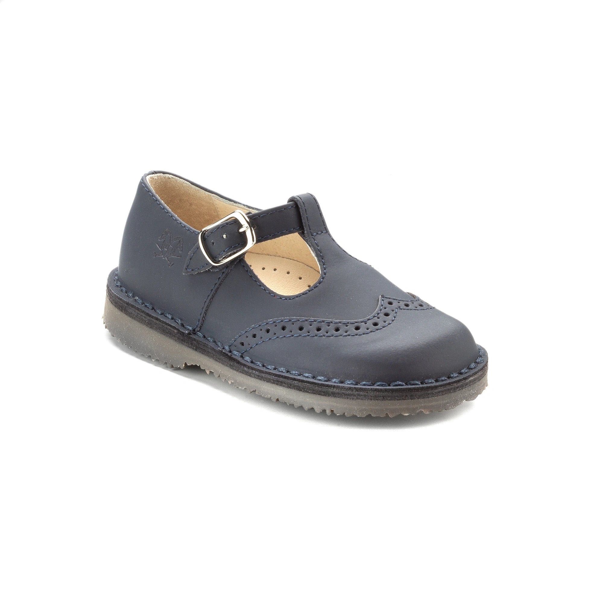 632 Navy Sahara Boys T Strap Wingtip shoe on a white background