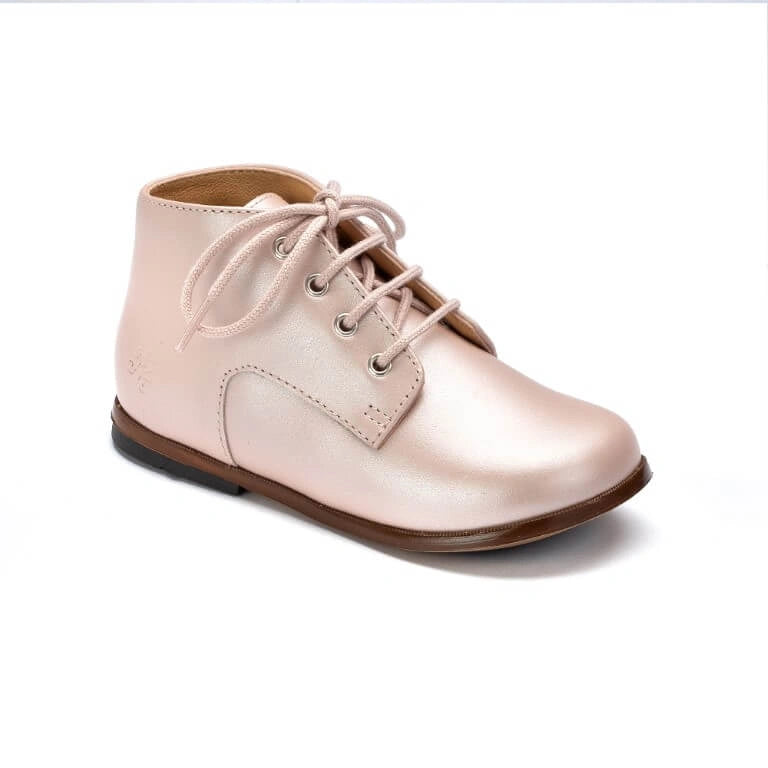Pink leather toddler high shoe with laces made in Spain