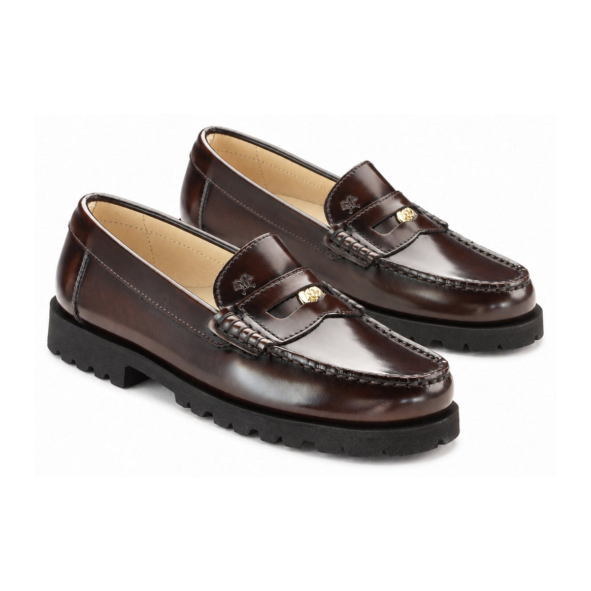 Brown Polished Leather Girls Loafer Coin